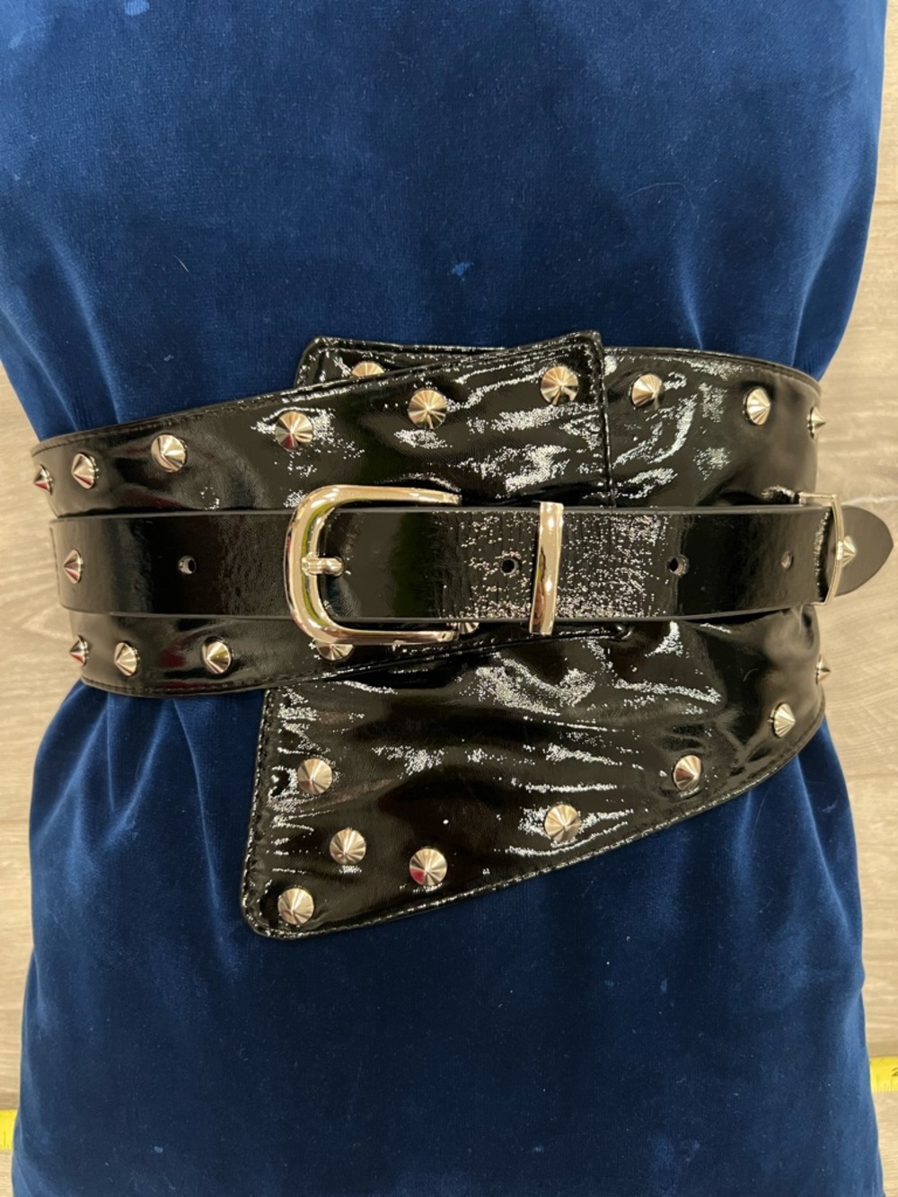 Wide Black Faux Patent Studded Waist Belt with Silver Buckle